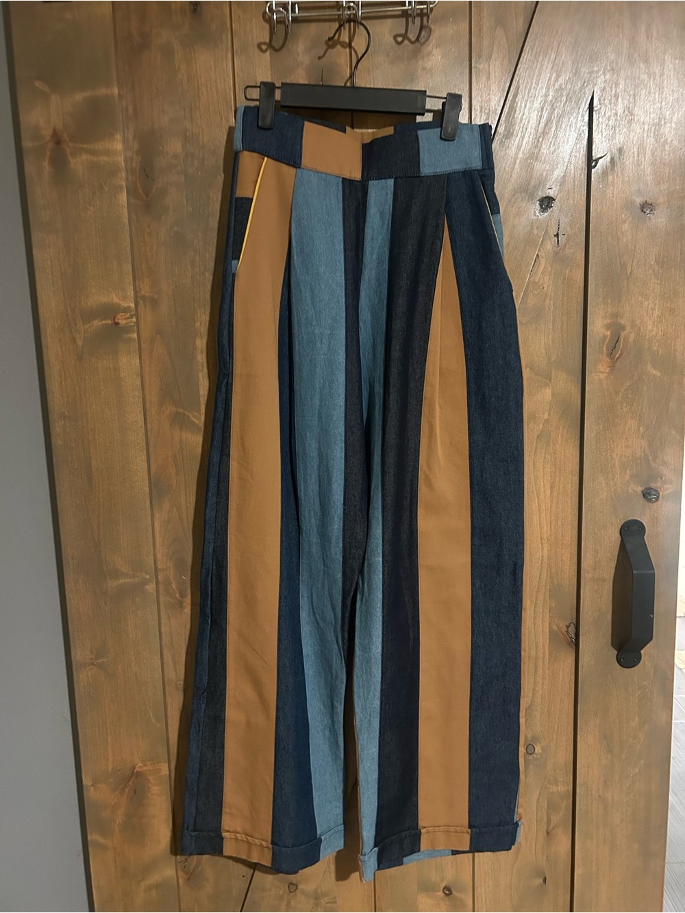 Striped Wide-Leg Patchwork Pants in Denim Blue and Camel